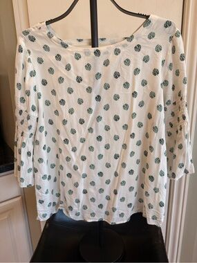 Women's LOFT White Top with Green Leaf Print - Casual Boatneck Blouse